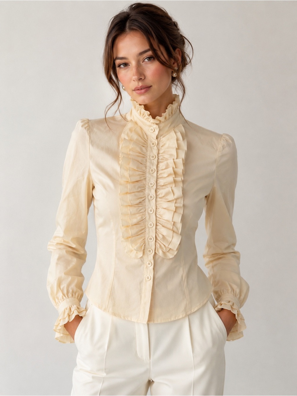 Ruffled High-Neck Cream Blouse with Front Placket
